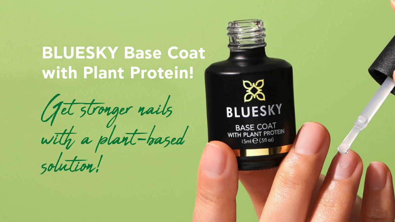 Get stronger nails with a plant-based solution: <br> BLUESKY Base Coat with Plant Protein!